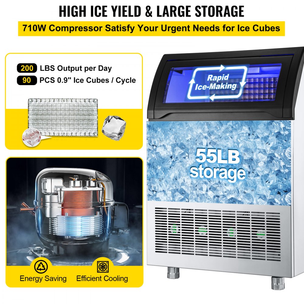 VEVOR 110V Commercial Ice Maker Machine 200LBS/24H, 710W Stainless Steel Ice Machine with 55LBS Storage Capacity, 90 Ice Cubes Ready in 11-15Mins, Includes Water Filter and Connection Hose