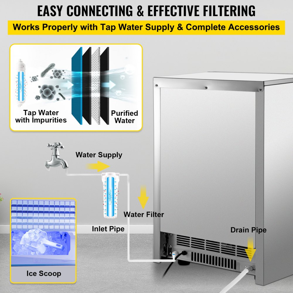 VEVOR 110V Commercial Ice Maker Machine 200LBS/24H, 710W Stainless Steel Ice Machine with 55LBS Storage Capacity, 90 Ice Cubes Ready in 11-15Mins, Includes Water Filter and Connection Hose