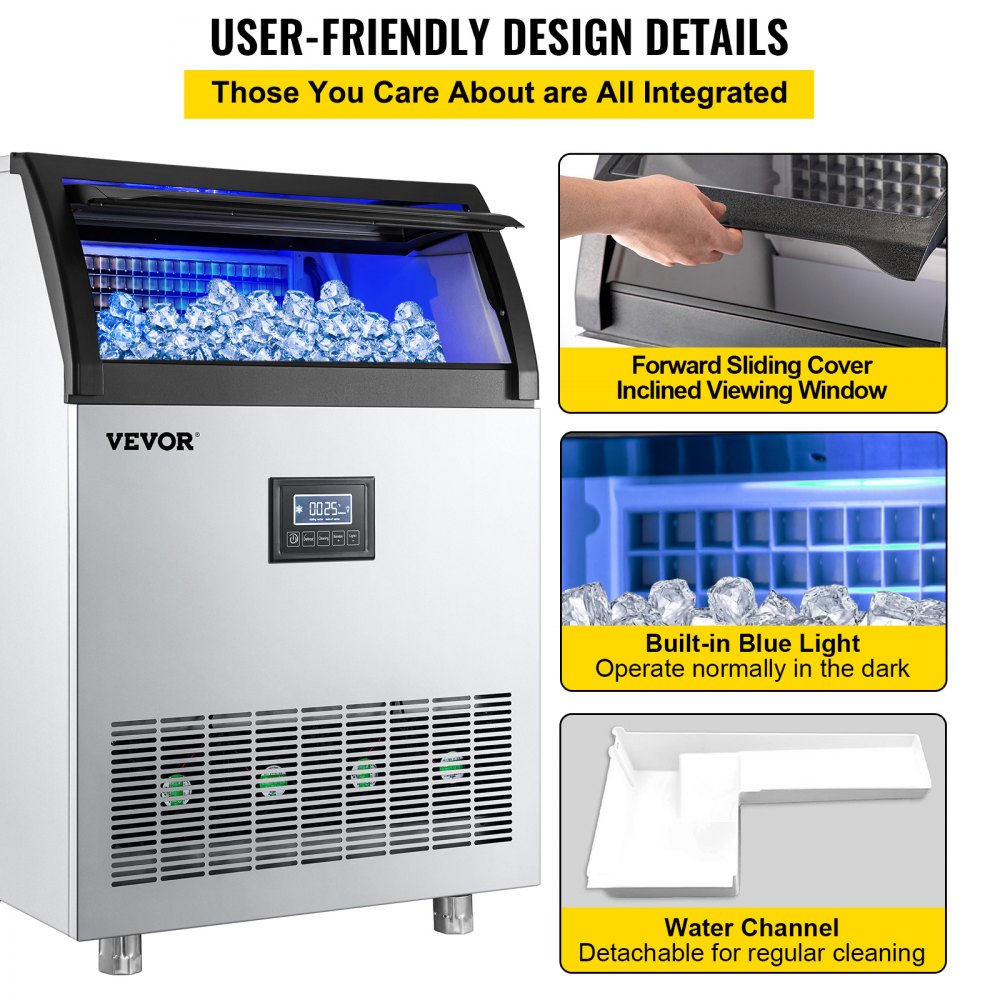 VEVOR 110V Commercial Ice Maker Machine 200LBS/24H, 710W Stainless Steel Ice Machine with 55LBS Storage Capacity, 90 Ice Cubes Ready in 11-15Mins, Includes Water Filter and Connection Hose