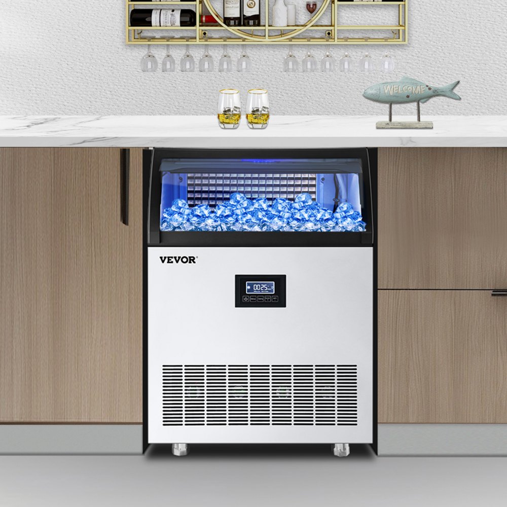 VEVOR 110V Commercial Ice Maker Machine 200LBS/24H, 710W Stainless Steel Ice Machine with 55LBS Storage Capacity, 90 Ice Cubes Ready in 11-15Mins, Includes Water Filter and Connection Hose