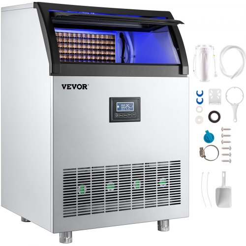 VEVOR 110V Commercial Ice Maker Machine 265LBS/24H, 750W Stainless Steel Ice Machine with 55LBS Storage Capacity, 126 Ice Cubes Ready in 11-15Mins, Includes Water Filter and Connection Hose