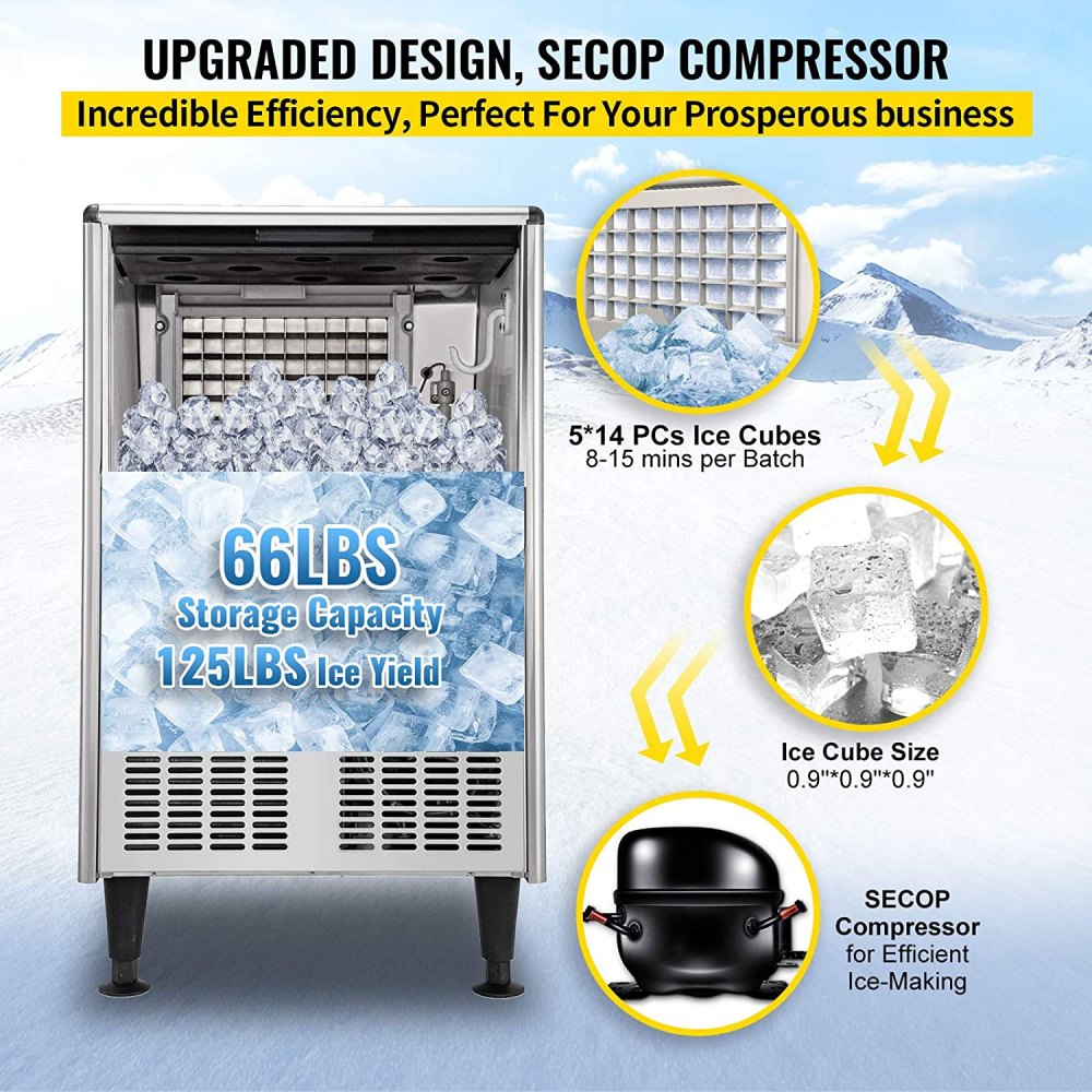 VEVOR 110V Commercial Ice Maker Machine, 170LBS/24H ETL Approved Stainless Steel Ice Machine with 66LBS Bin, Auto Clean, Clear Cube, Air-Cooled, Include Water Filter and Drain Pump