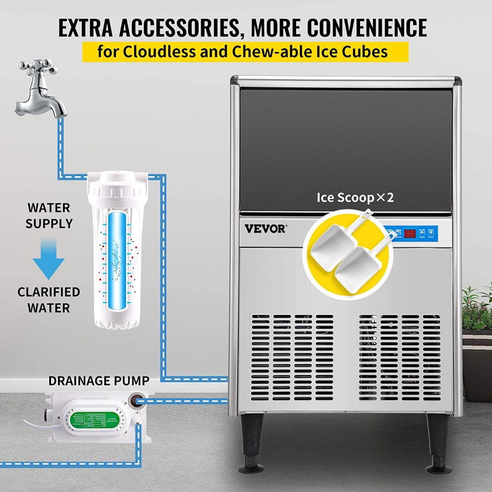VEVOR 110V Commercial Ice Maker Machine, 170LBS/24H ETL Approved Stainless Steel Ice Machine with 66LBS Bin, Auto Clean, Clear Cube, Air-Cooled, Include Water Filter and Drain Pump