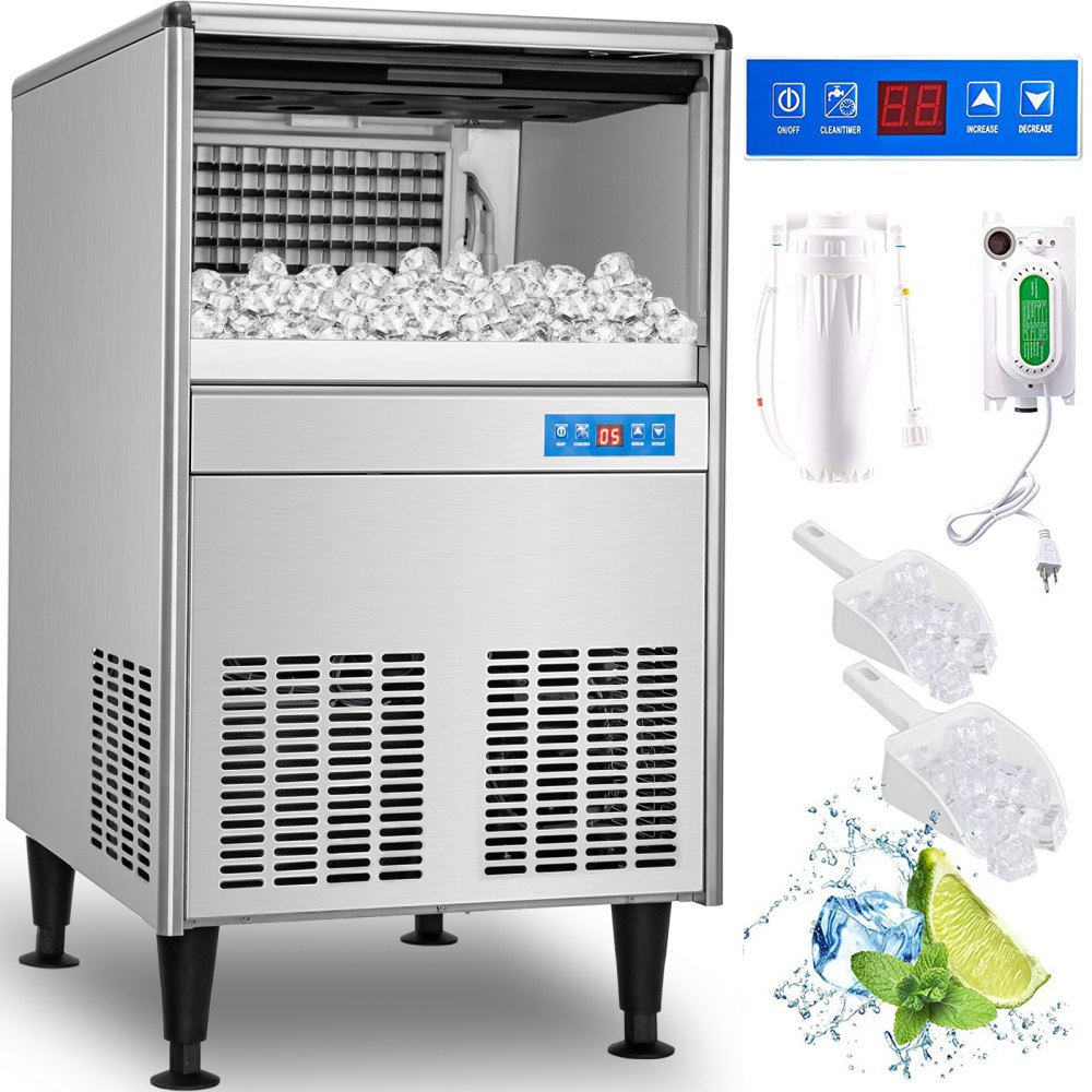 VEVOR 110V Commercial Ice Maker Machine, 170LBS/24H ETL Approved Stainless Steel Ice Machine with 66LBS Bin, Auto Clean, Clear Cube, Air-Cooled, Include Water Filter and Drain Pump