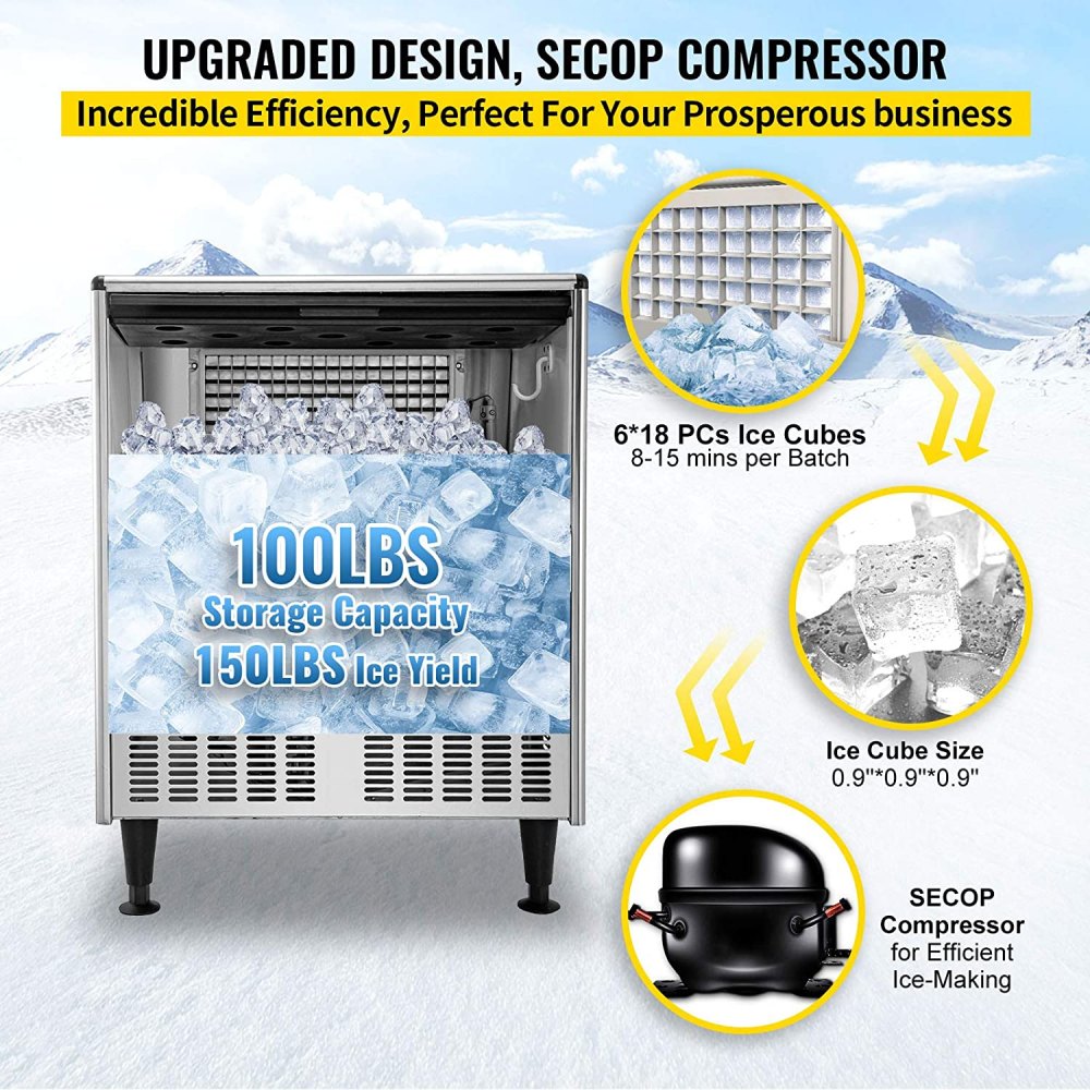 VEVOR 110V Commercial Ice Maker Machine 220LBS/24H ETL Approved Stainless Steel Ice Machine with 99LBS Bin, Auto Clean, Clear Cube, Air-Cooled, Include Water Filter and Drain Pump