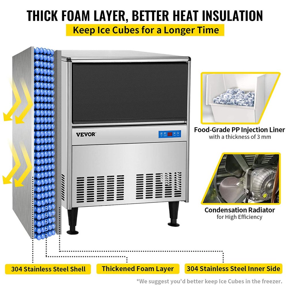 VEVOR 110V Commercial Ice Maker Machine 220LBS/24H ETL Approved Stainless Steel Ice Machine with 99LBS Bin, Auto Clean, Clear Cube, Air-Cooled, Include Water Filter and Drain Pump