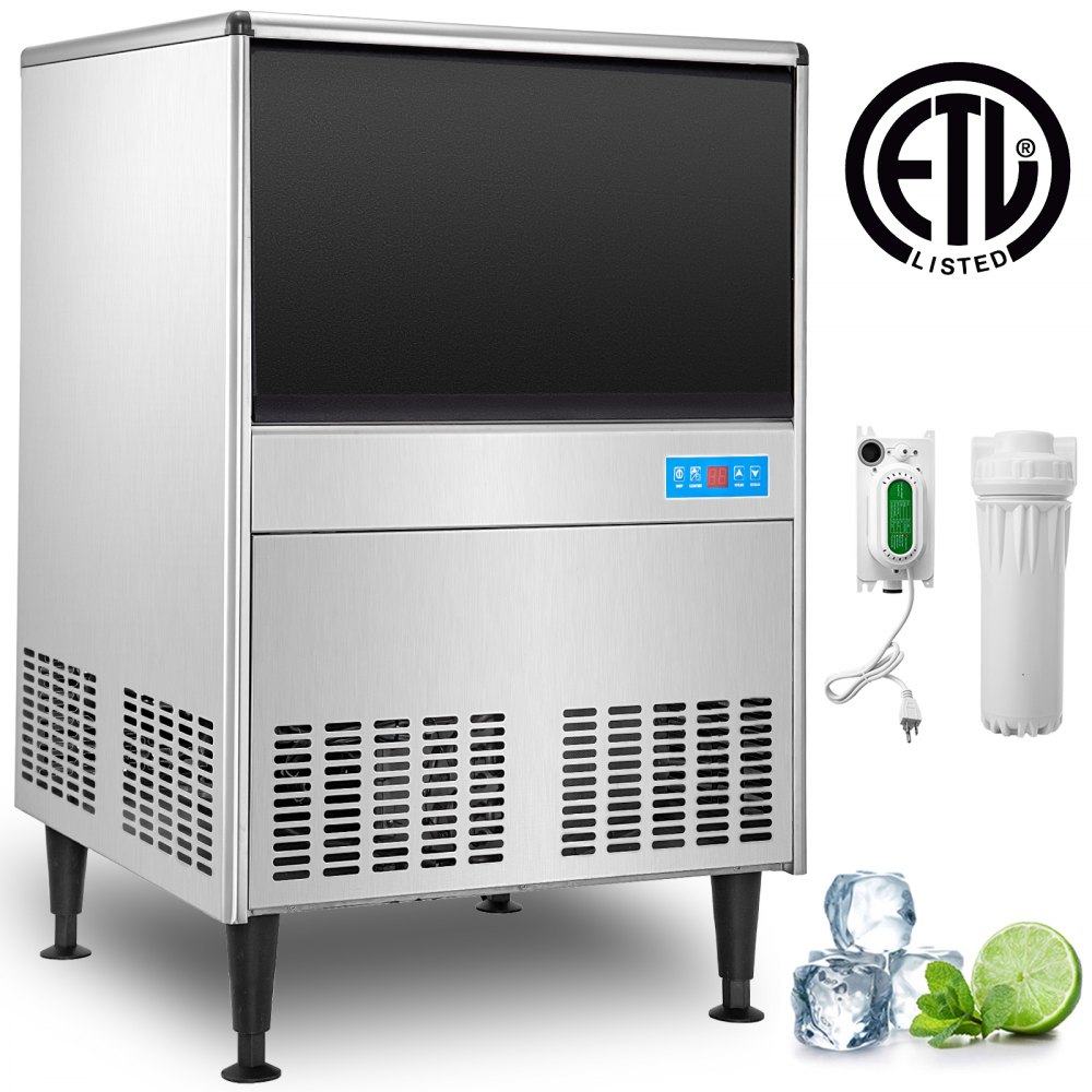 VEVOR 110V Commercial Ice Maker Machine 220LBS/24H ETL Approved Stainless Steel Ice Machine with 99LBS Bin, Auto Clean, Clear Cube, Air-Cooled, Include Water Filter and Drain Pump