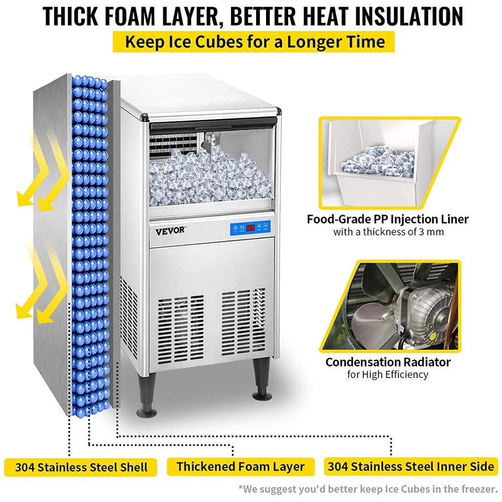 VEVOR 110V Commercial Ice Maker Machine 125LBS/24H ETL Approved Stainless Steel Ice Machine with 50LBS Bin, Auto Clean, Clear Cube, Air-Cooled, Include Water Filter and Drain Pump