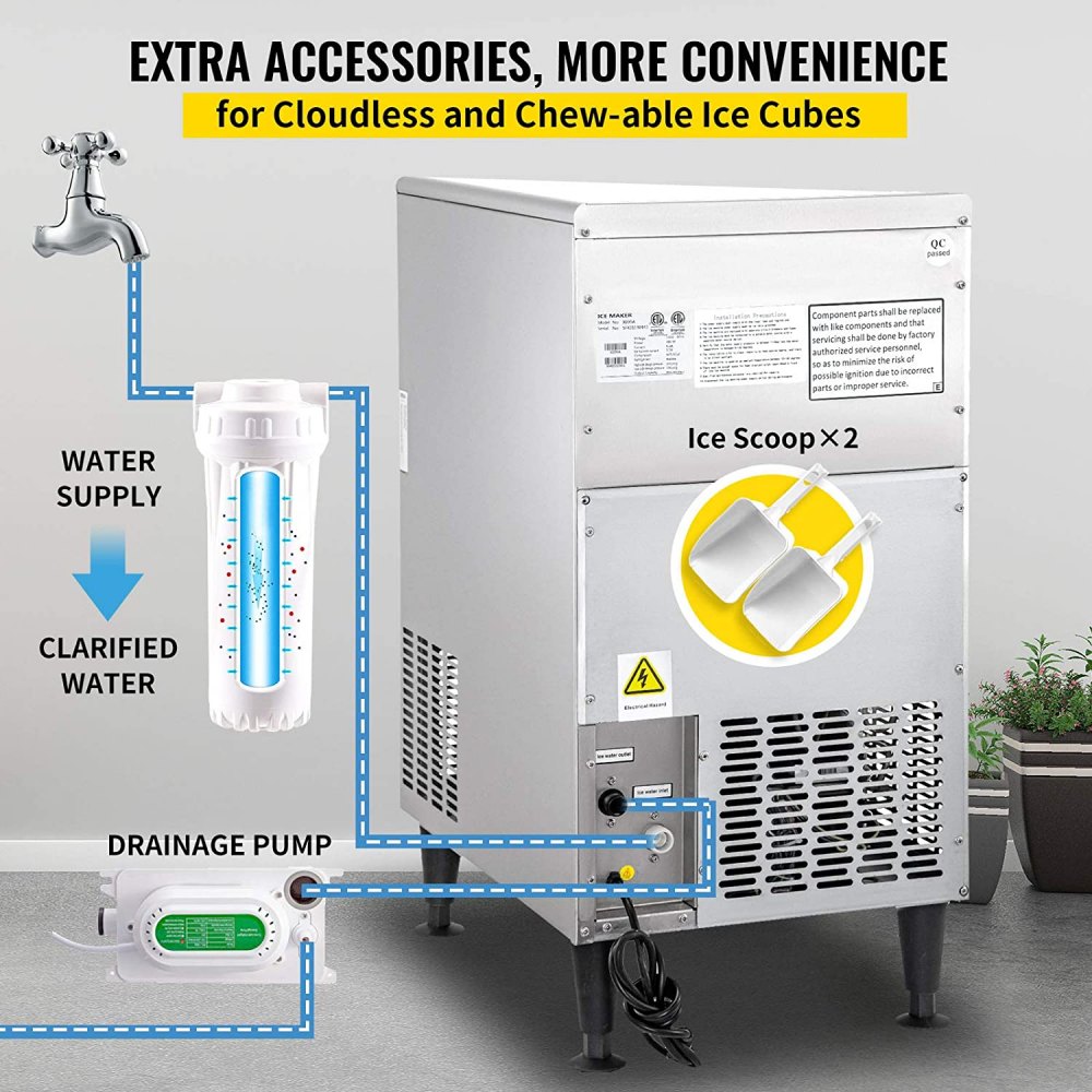 VEVOR 110V Commercial Ice Maker Machine 125LBS/24H ETL Approved Stainless Steel Ice Machine with 50LBS Bin, Auto Clean, Clear Cube, Air-Cooled, Include Water Filter and Drain Pump