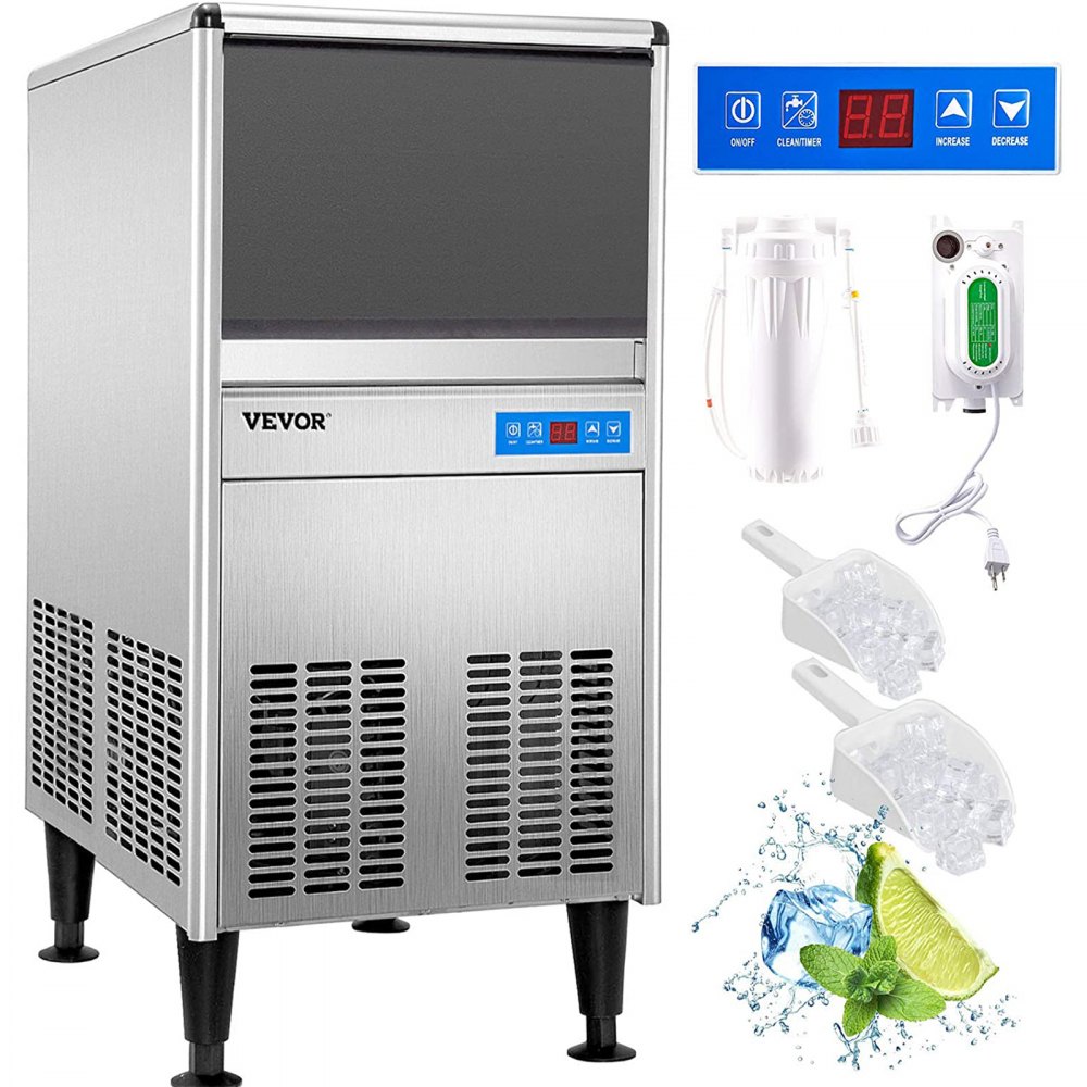 VEVOR 110V Commercial Ice Maker Machine 125LBS/24H ETL Approved Stainless Steel Ice Machine with 50LBS Bin, Auto Clean, Clear Cube, Air-Cooled, Include Water Filter and Drain Pump