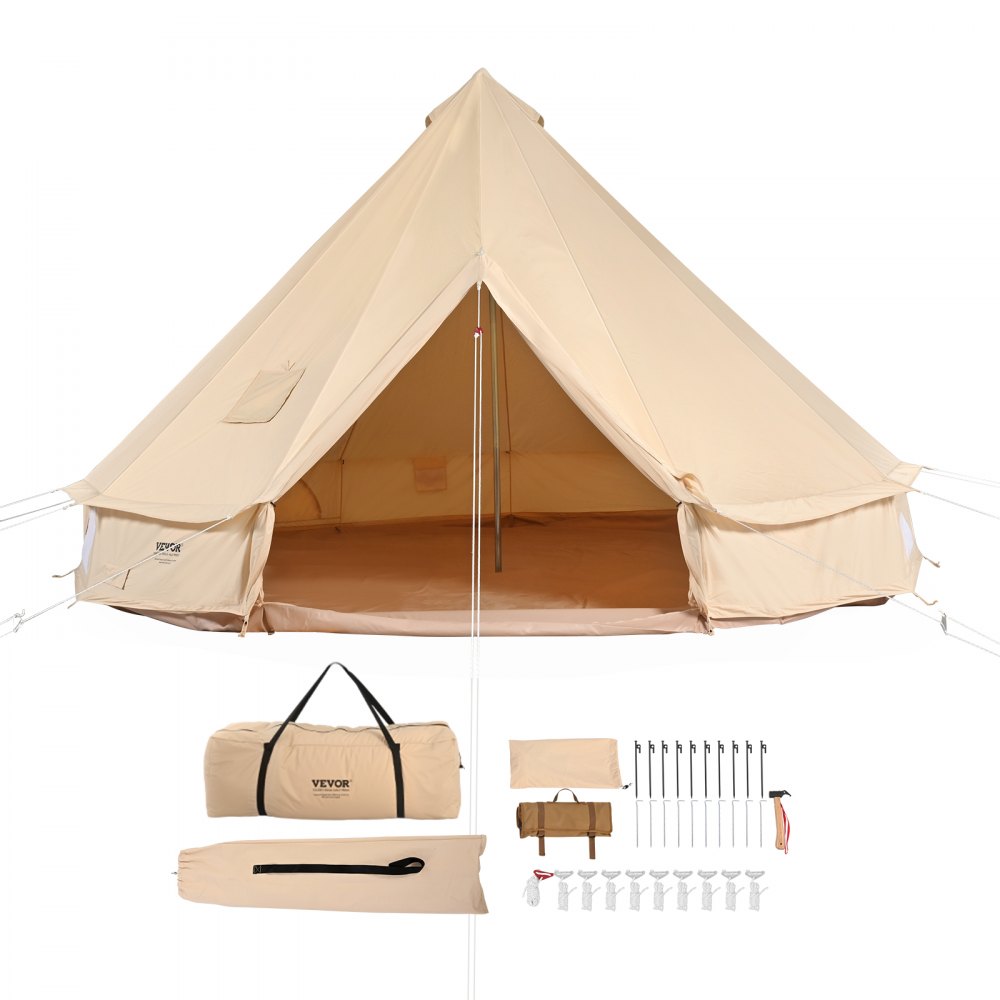 VEVOR Canvas Bell tält, 4 säsonger 3 m/9,8 fot Jurt tält, canvas tält för camping med spisjack, andningsbart tält rymmer upp till 4 personer, familjecamping utomhusjaktfest