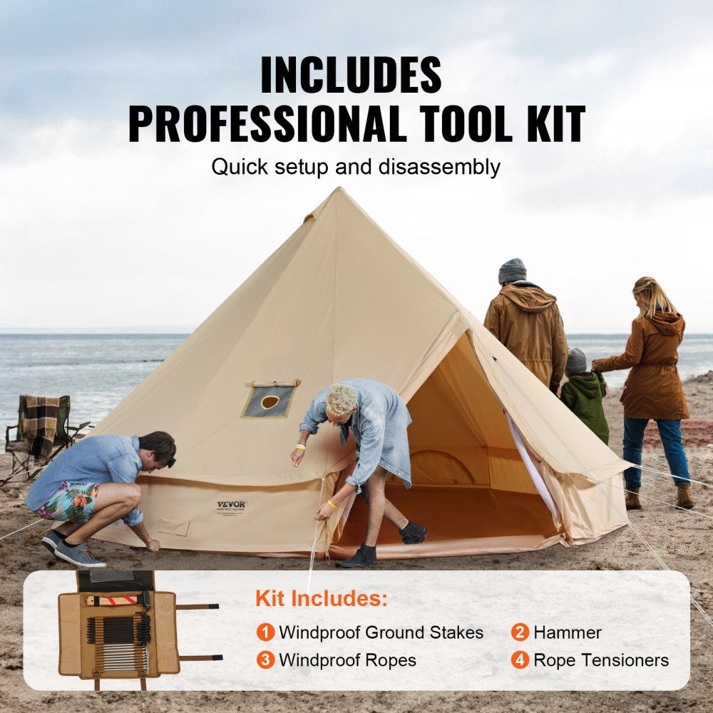 VEVOR Canvas Bell Tent, 4 Seasons 4 m/13.12 ft Yurt Tent, Canvas Tent for Camping with Stove Jack, Breathable Tent Holds up to 6 People, Family Camping Outdoor Hunting Party