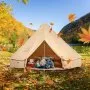 family enjoying autumn in a VEVOR glamping bell tent near a lake with surrounding fall foliage.