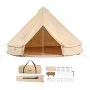 VEVOR glamping bell tent with accessories including pegs, poles, ropes, and carrying bag.