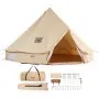 VEVOR glamping bell tent with open entrance, storage bags, stakes, and tools set in beige.
