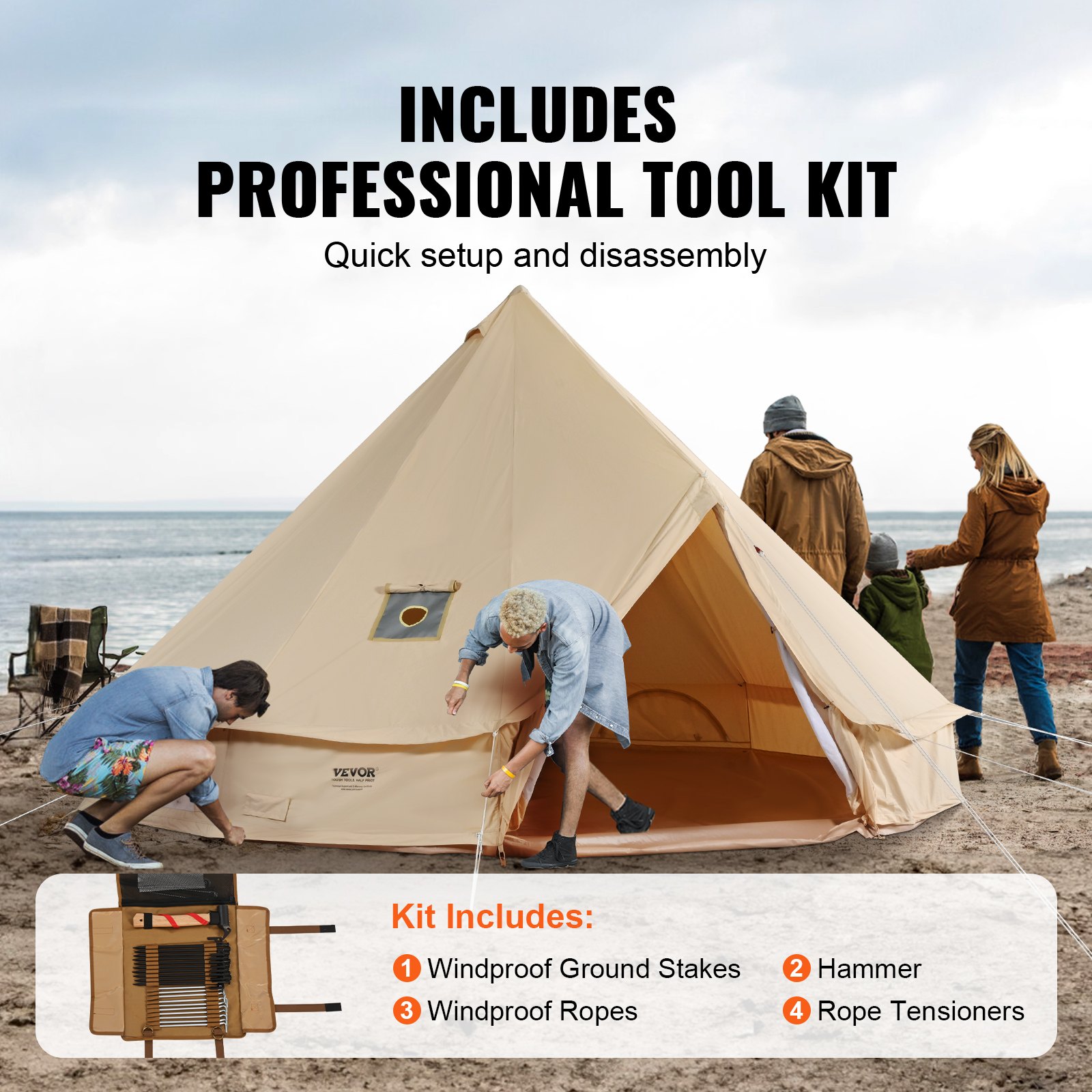 VEVOR Canvas Bell Tent, 4 Seasons 4 m/13.12 ft Yurt Tent, Canvas Tent for Camping with Stove Jack, Breathable Tent Holds up to 6 People, Family Camping Outdoor Hunting Party