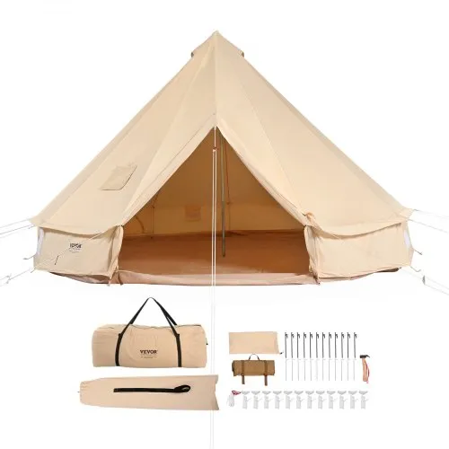 VEVOR Canvas Bell Tent, 4 Seasons 5 m/16.4 ft Yurt Tent, Canvas Tent for Camping with Stove Jack, Breathable Tent Holds up to 8 People, Family Camping Outdoor Hunting Party