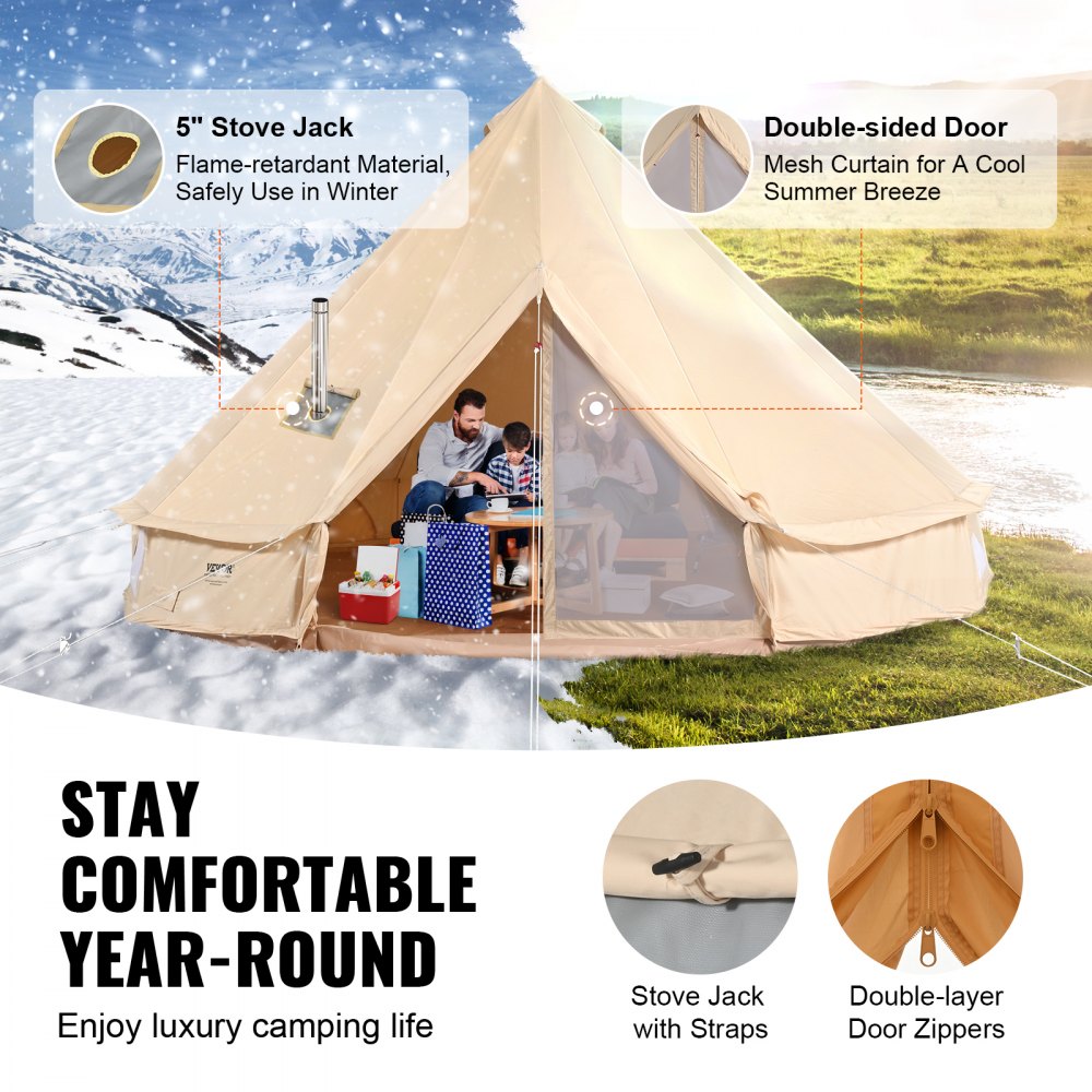 VEVOR Canvas Bell Tent, 4 Seasons 6 m/19.68 ft Yurt Tent, Canvas Tent for Camping with Stove Jack, Breathable Tent Holds up to 10 People, Family Camping Outdoor Hunting Party