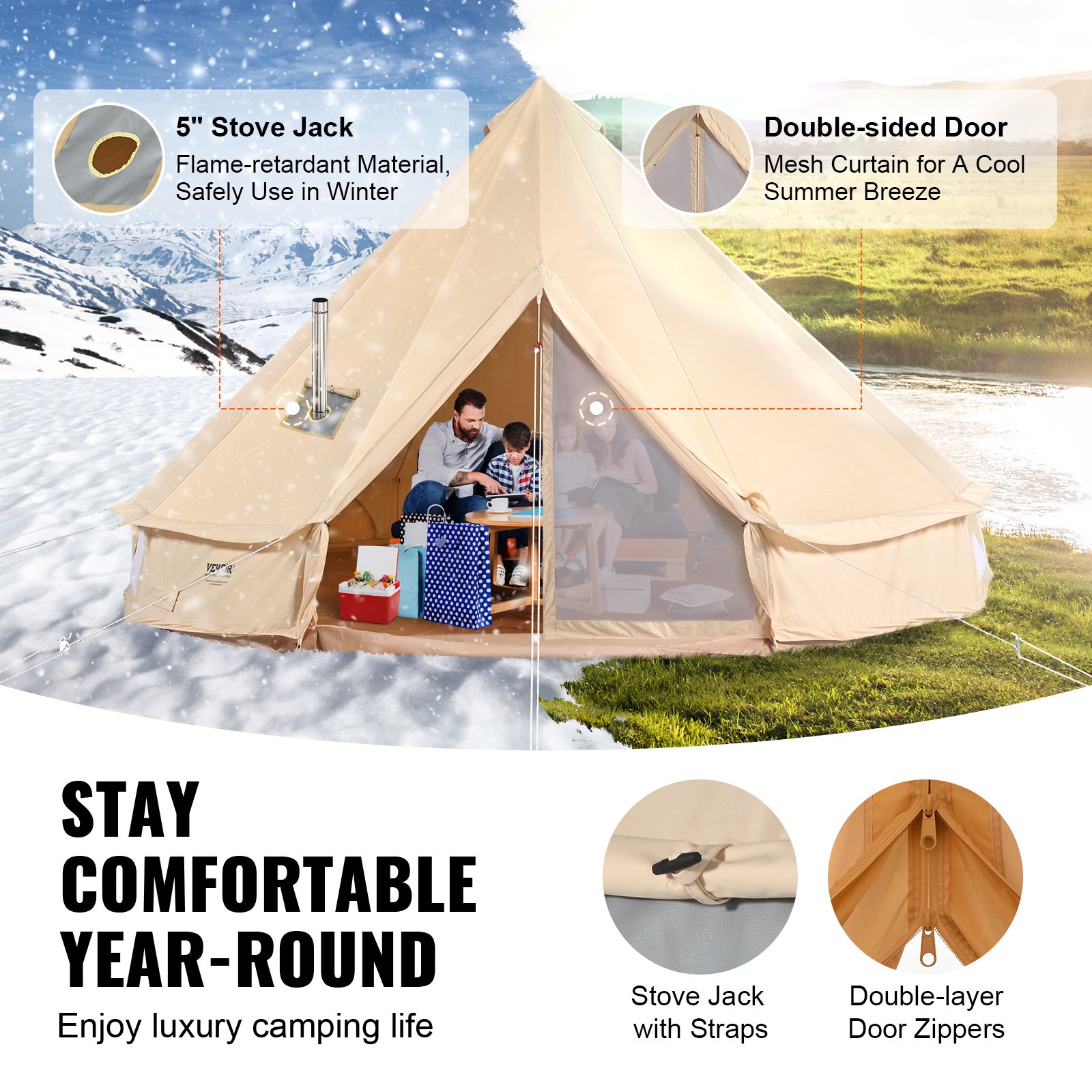 VEVOR Canvas Bell Tent, 4 Seasons 6 m/19.68 ft Yurt Tent, Canvas Tent for Camping with Stove Jack, Breathable Tent Holds up to 10 People, Family Camping Outdoor Hunting Party