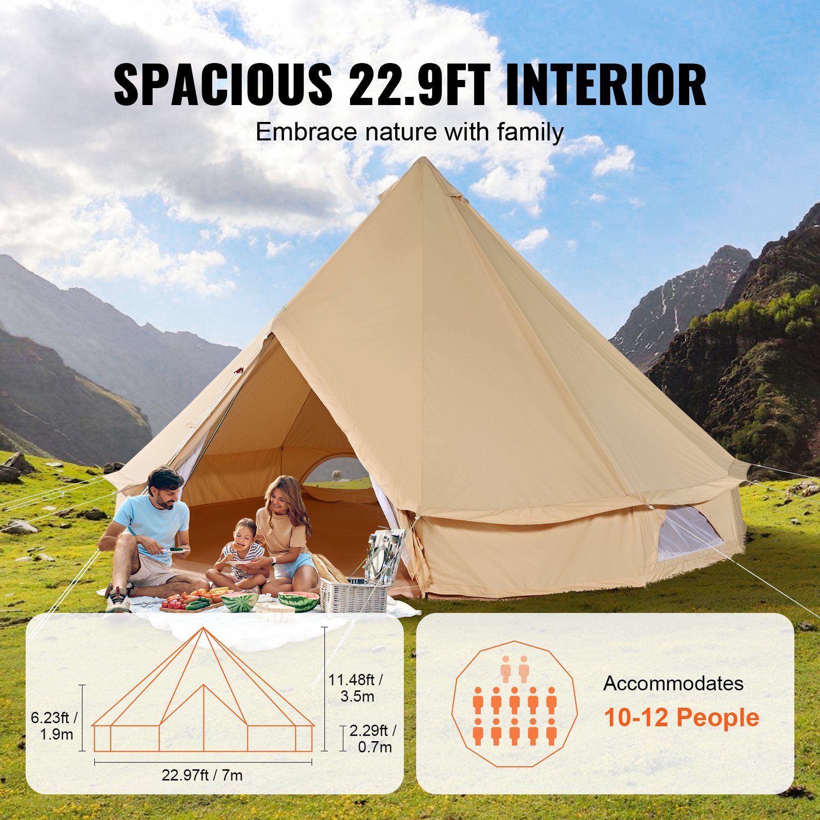 VEVOR canvas glamping tent with spacious 22.9ft interior, accommodates 10-12 people, perfect for families.