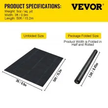 VEVOR 3FTx50FT Premium Weed Barrier Fabric Heavy Duty 5OZ, Woven Weed Control Fabric, High Permeability Good for Flower Bed, Geotextile Fabric for Underlayment, Polyethylene Ground Cover