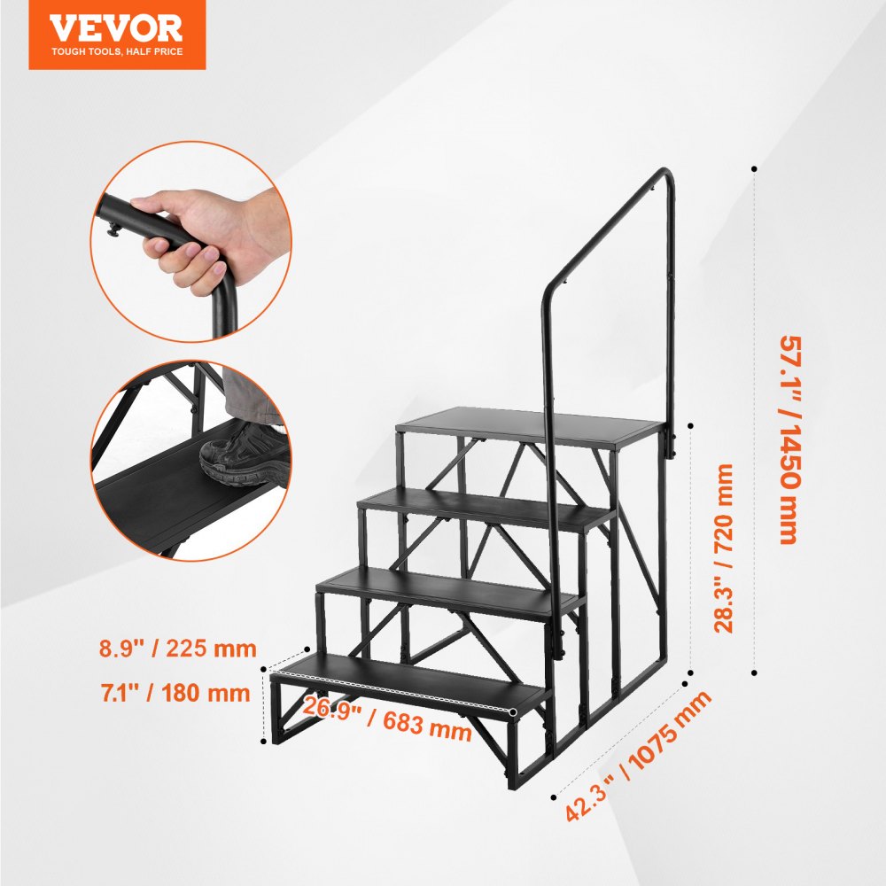 VEVOR RV schůdky, 4-stupňové RV schody, nosnost 440 LBS, zesílená uhlíková ocel, s madlem, protiskluzové schůdky pro bezpečný nástup a výstup, oblek pro obytné vozy, přívěsy, karavany