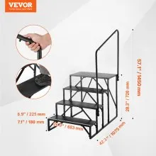 VEVOR RV Steps, 4-Step RV Stairs, 440 LBS/199.6 kg Load Capacity, Thickened Carbon Steel, With Handrail, Non-Slip Steps for Safe Entry and Exit, Suit for RV, Trailer, Camper Steps