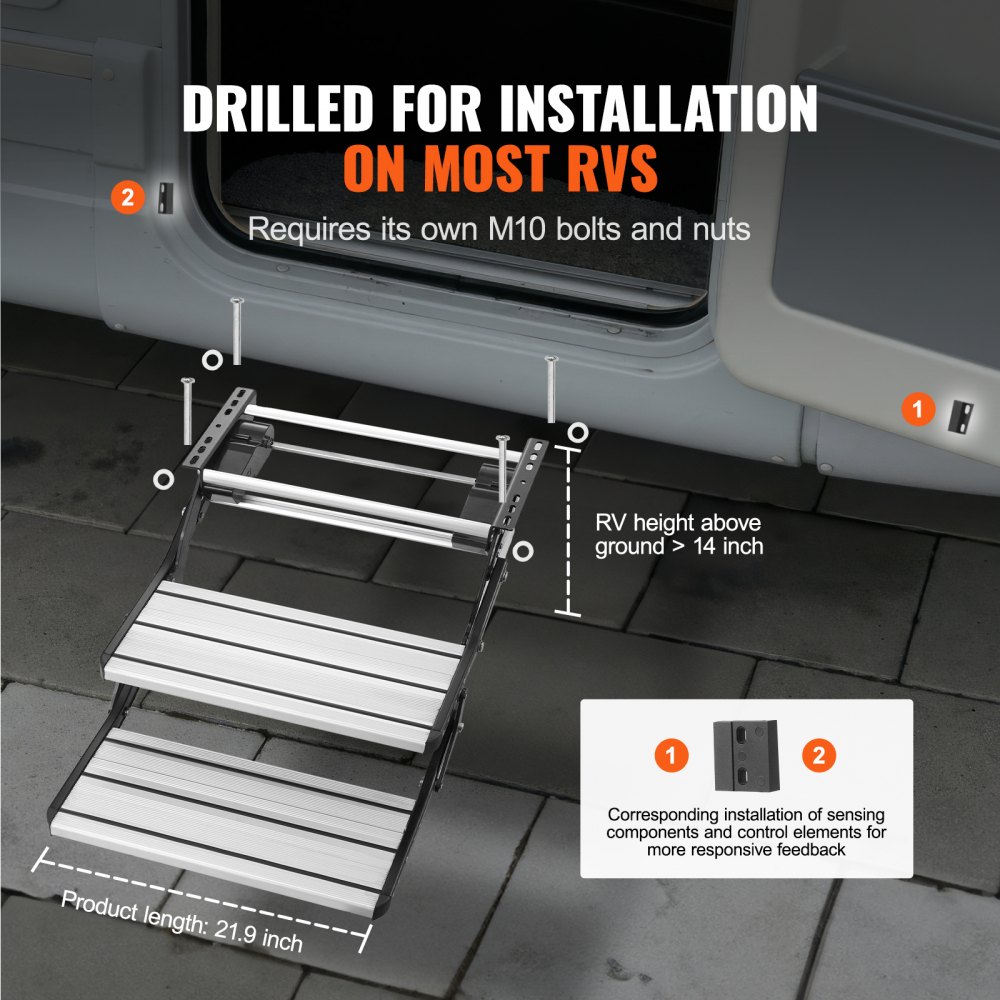 VEVOR RV Steps, 2-Step, Electric Retractable RV Stairs DC 12V, Auto-Folding, 440 LBS Load Capacity, Aluminum Alloy Steps, Non-Slip Steps for Safe Entry and Exit, RV, Trailer, Camper Steps