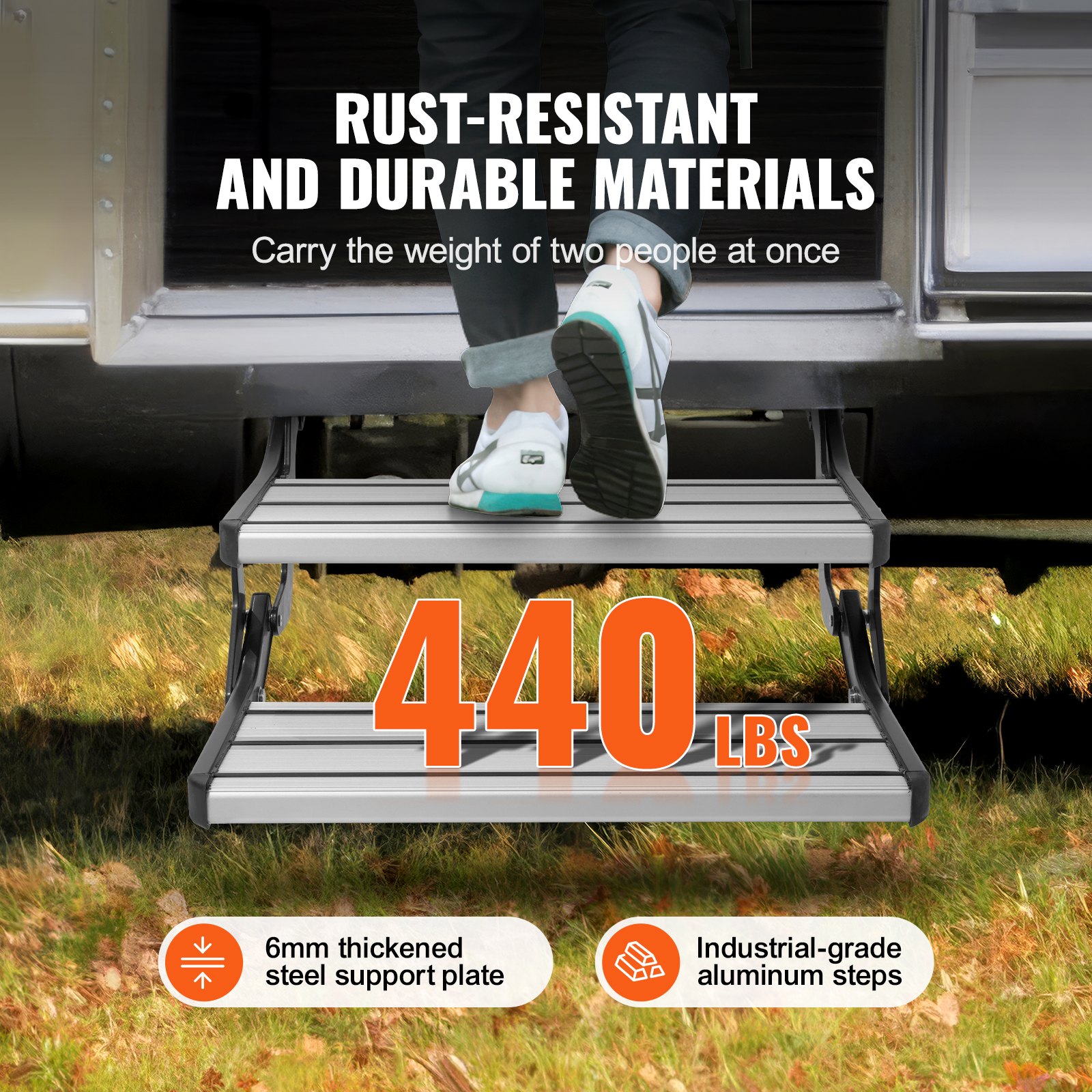 VEVOR RV Steps, 2-Step, Electric Retractable RV Stairs DC 12V, Auto-Folding, 440 LBS Load Capacity, Aluminum Alloy Steps, Non-Slip Steps for Safe Entry and Exit, RV, Trailer, Camper Steps