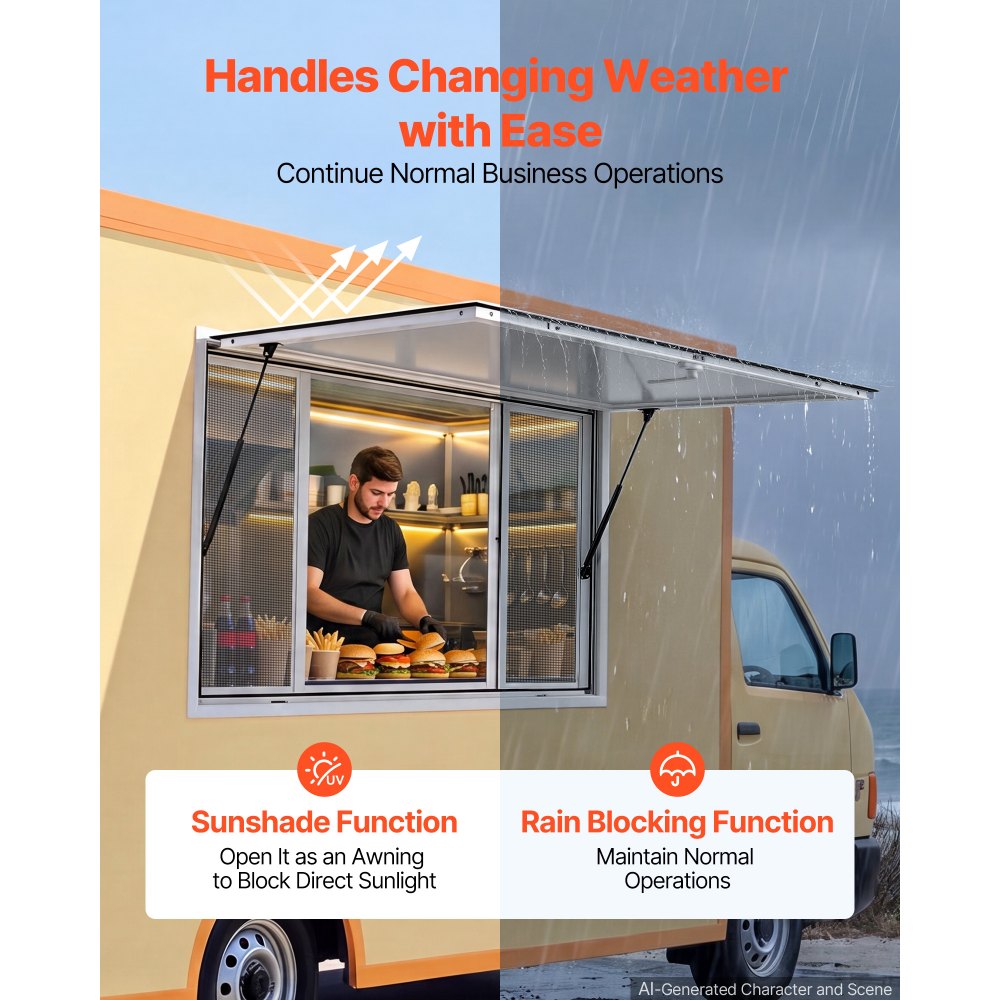VEVOR Concession Window 45x30 in Aluminum Alloy Service Window, for Food Truck, Up to 85 Degrees Stand Serving with 4 Sliding Screen Windows, Awning Door and Drag Hook, Rainwater Resistant