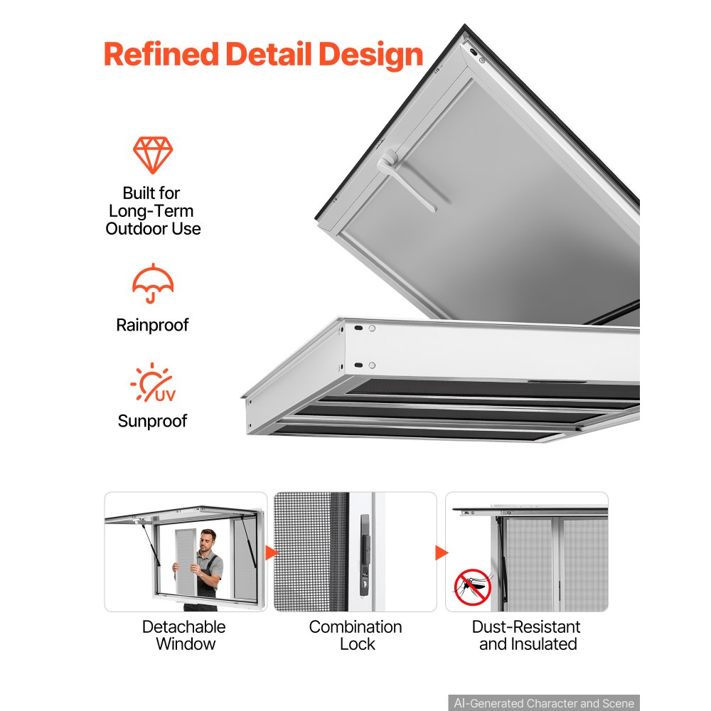 VEVOR Concession Window 45x30 in Aluminum Alloy Service Window, for Food Truck, Up to 85 Degrees Stand Serving with 4 Sliding Screen Windows, Awning Door and Drag Hook, Rainwater Resistant