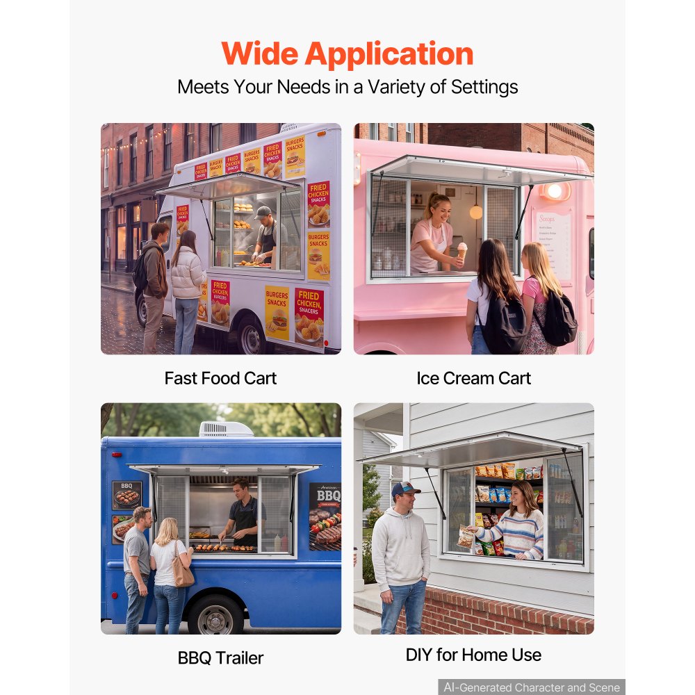VEVOR Concession Window 45x30 in Aluminum Alloy Service Window, for Food Truck, Up to 85 Degrees Stand Serving with 4 Sliding Screen Windows, Awning Door and Drag Hook, Rainwater Resistant