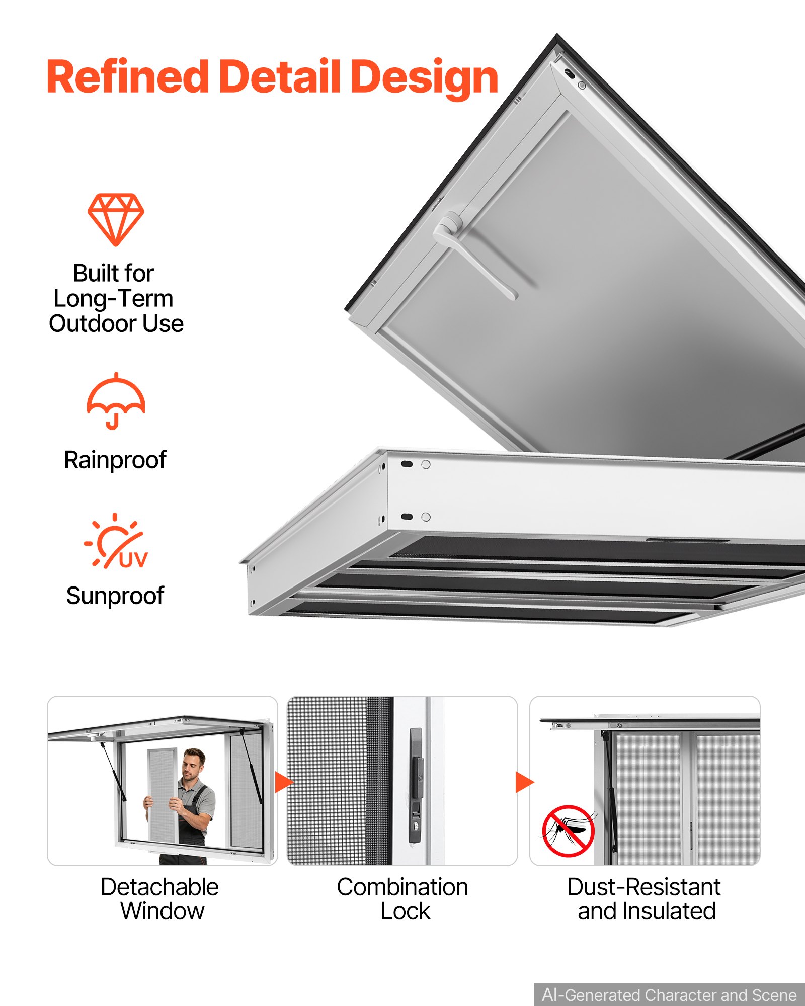 VEVOR Concession Window 45x30 in Aluminum Alloy Service Window, for Food Truck, Up to 85 Degrees Stand Serving with 4 Sliding Screen Windows, Awning Door and Drag Hook, Rainwater Resistant