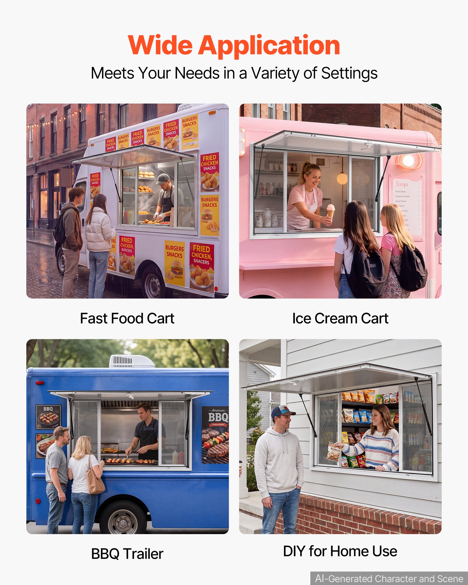 VEVOR Concession Window 45x30 in Aluminum Alloy Service Window, for Food Truck, Up to 85 Degrees Stand Serving with 4 Sliding Screen Windows, Awning Door and Drag Hook, Rainwater Resistant