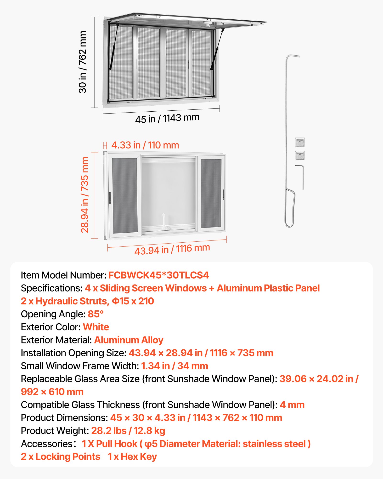 VEVOR Concession Window 45x30 in Aluminum Alloy Service Window, for Food Truck, Up to 85 Degrees Stand Serving with 4 Sliding Screen Windows, Awning Door and Drag Hook, Rainwater Resistant