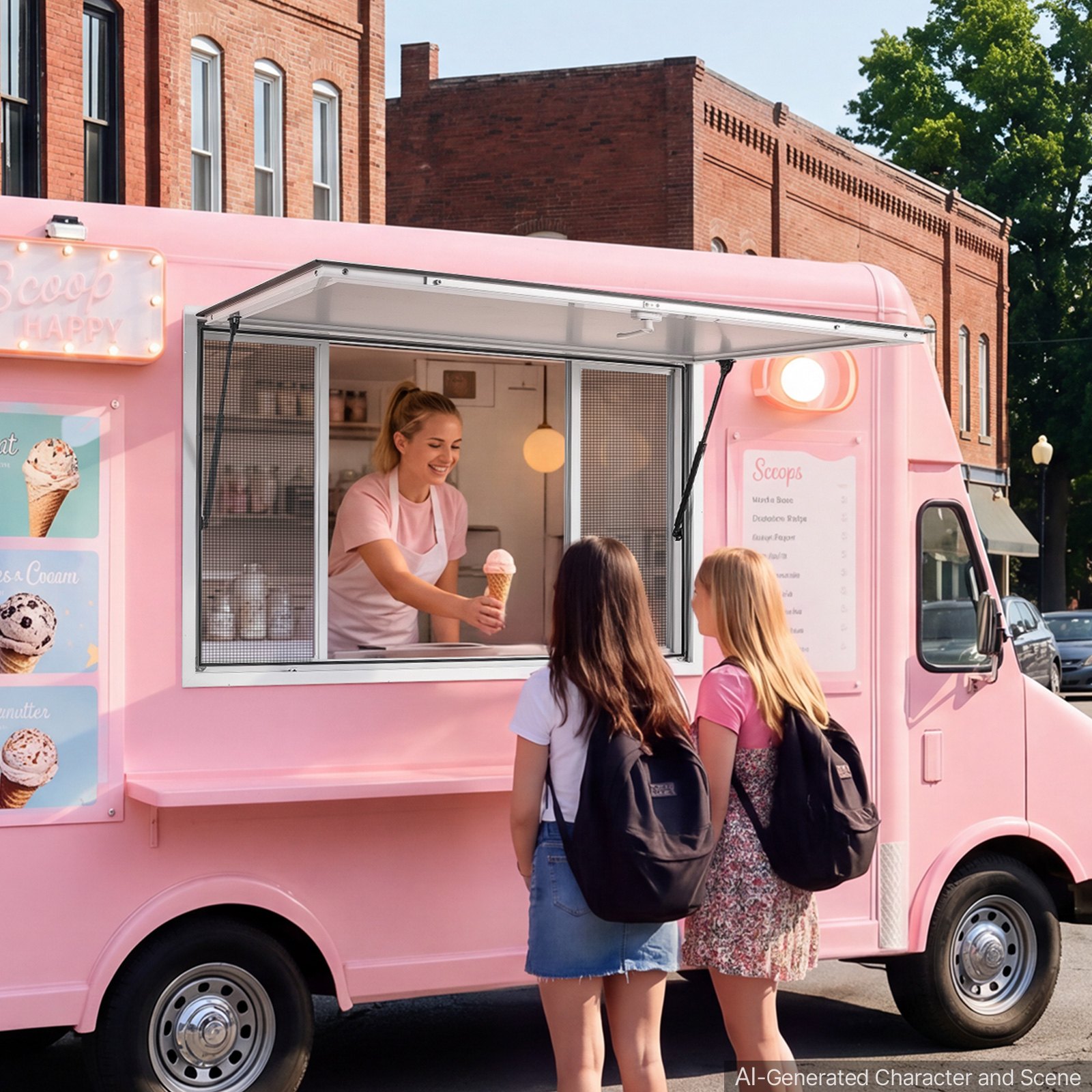 VEVOR Concession Window 45x30 in Aluminum Alloy Service Window, for Food Truck, Up to 85 Degrees Stand Serving with 4 Sliding Screen Windows, Awning Door and Drag Hook, Rainwater Resistant