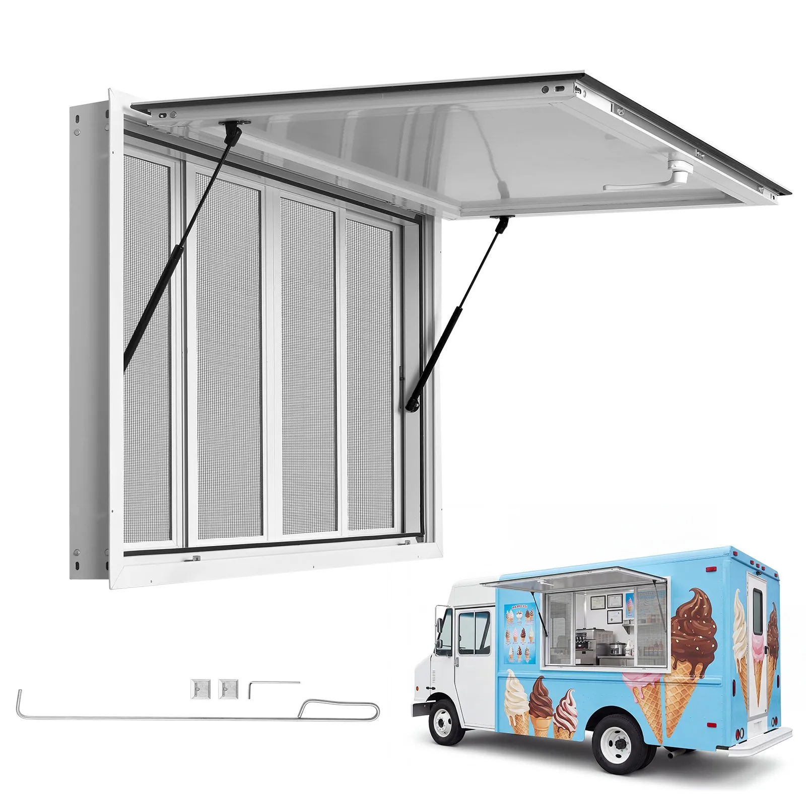 VEVOR Concession Window 45x30 in Aluminum Alloy Service Window, for Food Truck, Up to 85 Degrees Stand Serving with 4 Sliding Screen Windows, Awning Door and Drag Hook, Rainwater Resistant