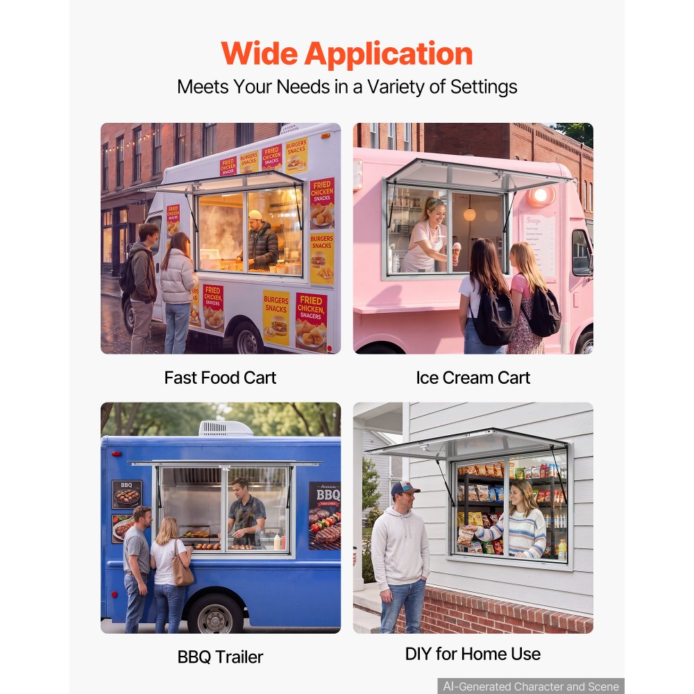 VEVOR Concession Window 48x36 in Aluminum Alloy Service Window, for Food Truck, Up to 85 Degrees Stand Serving with 2 Sliding Acrylic Windows, Awning Door and Drag Hook, Rainwater Resistant