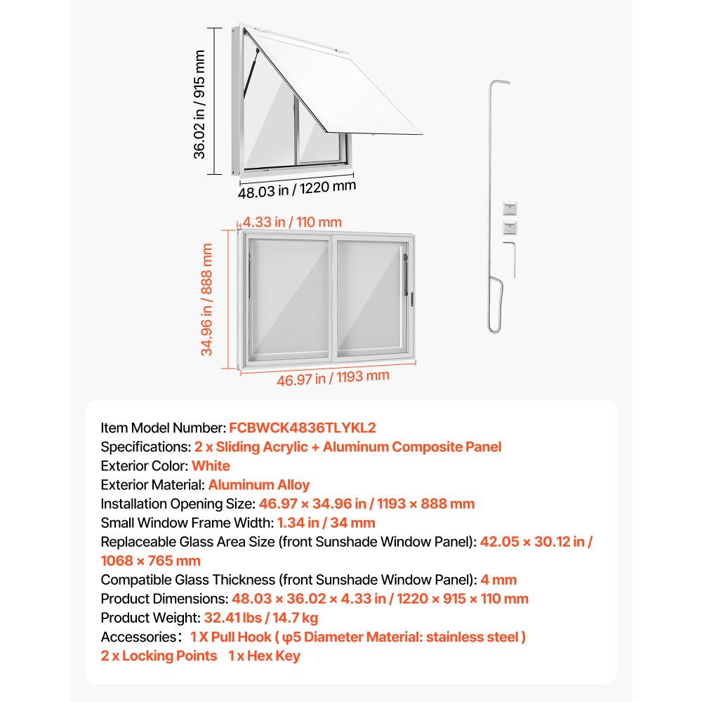 VEVOR Concession Window 48x36 in Aluminum Alloy Service Window, for Food Truck, Up to 85 Degrees Stand Serving with 2 Sliding Acrylic Windows, Awning Door and Drag Hook, Rainwater Resistant