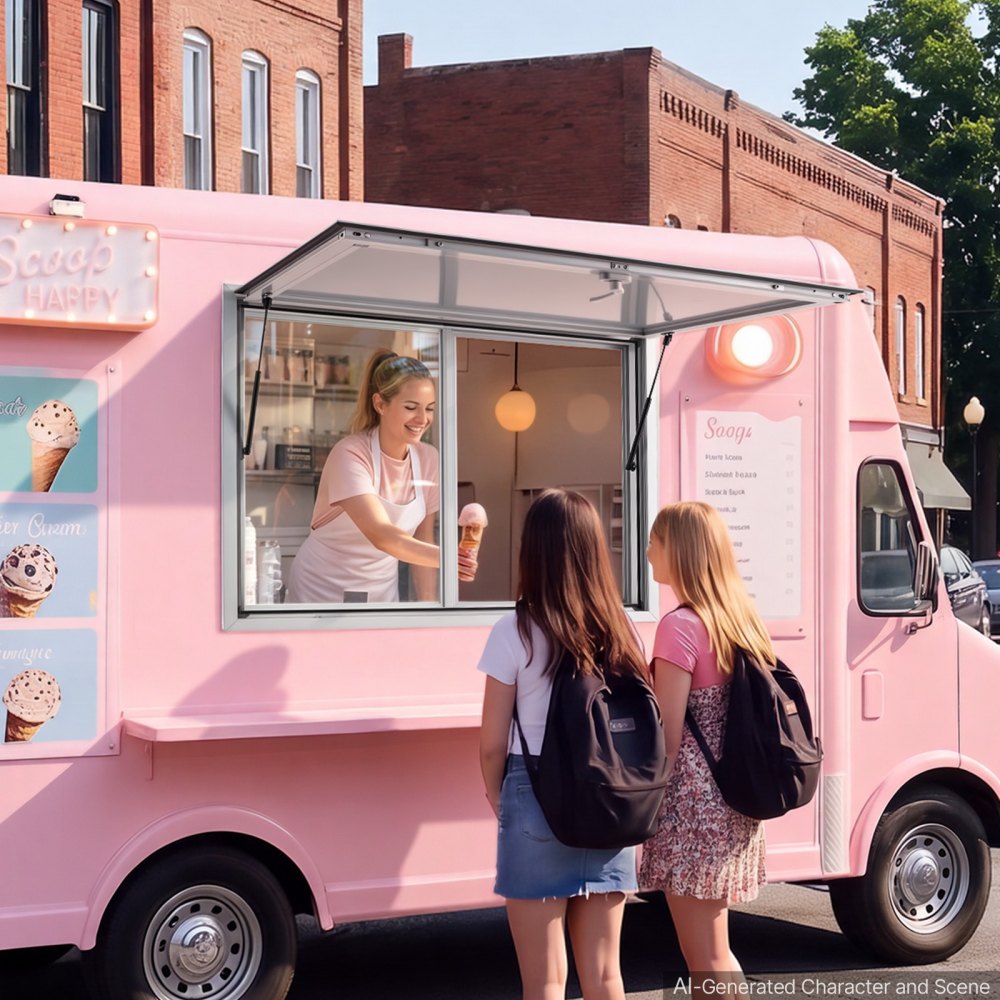 VEVOR Concession Window 48x36 in Aluminum Alloy Service Window, for Food Truck, Up to 85 Degrees Stand Serving with 2 Sliding Acrylic Windows, Awning Door and Drag Hook, Rainwater Resistant