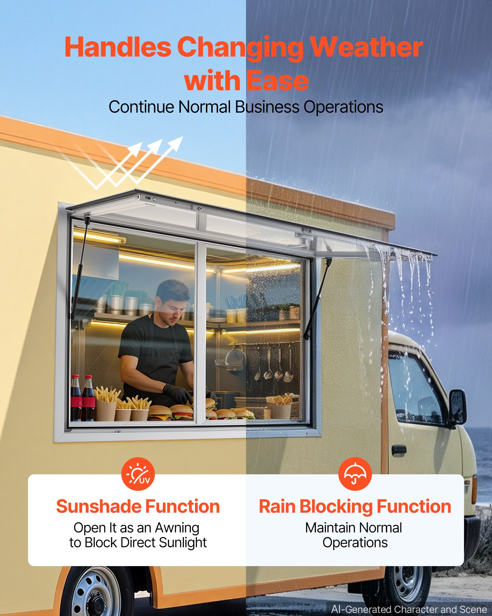 VEVOR Concession Window 48x36 in Aluminum Alloy Service Window, for Food Truck, Up to 85 Degrees Stand Serving with 2 Sliding Acrylic Windows, Awning Door and Drag Hook, Rainwater Resistant