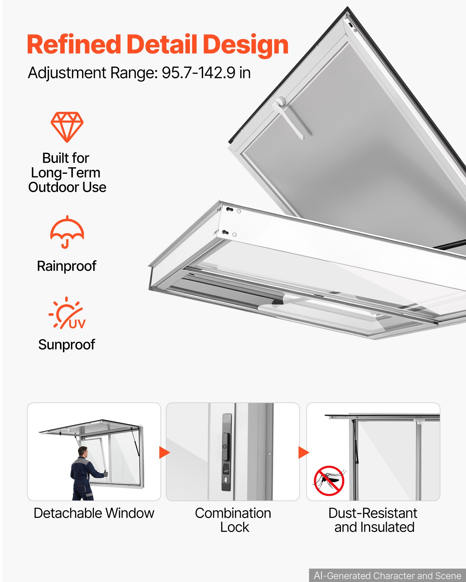 VEVOR Concession Window 48x36 in Aluminum Alloy Service Window, for Food Truck, Up to 85 Degrees Stand Serving with 2 Sliding Acrylic Windows, Awning Door and Drag Hook, Rainwater Resistant