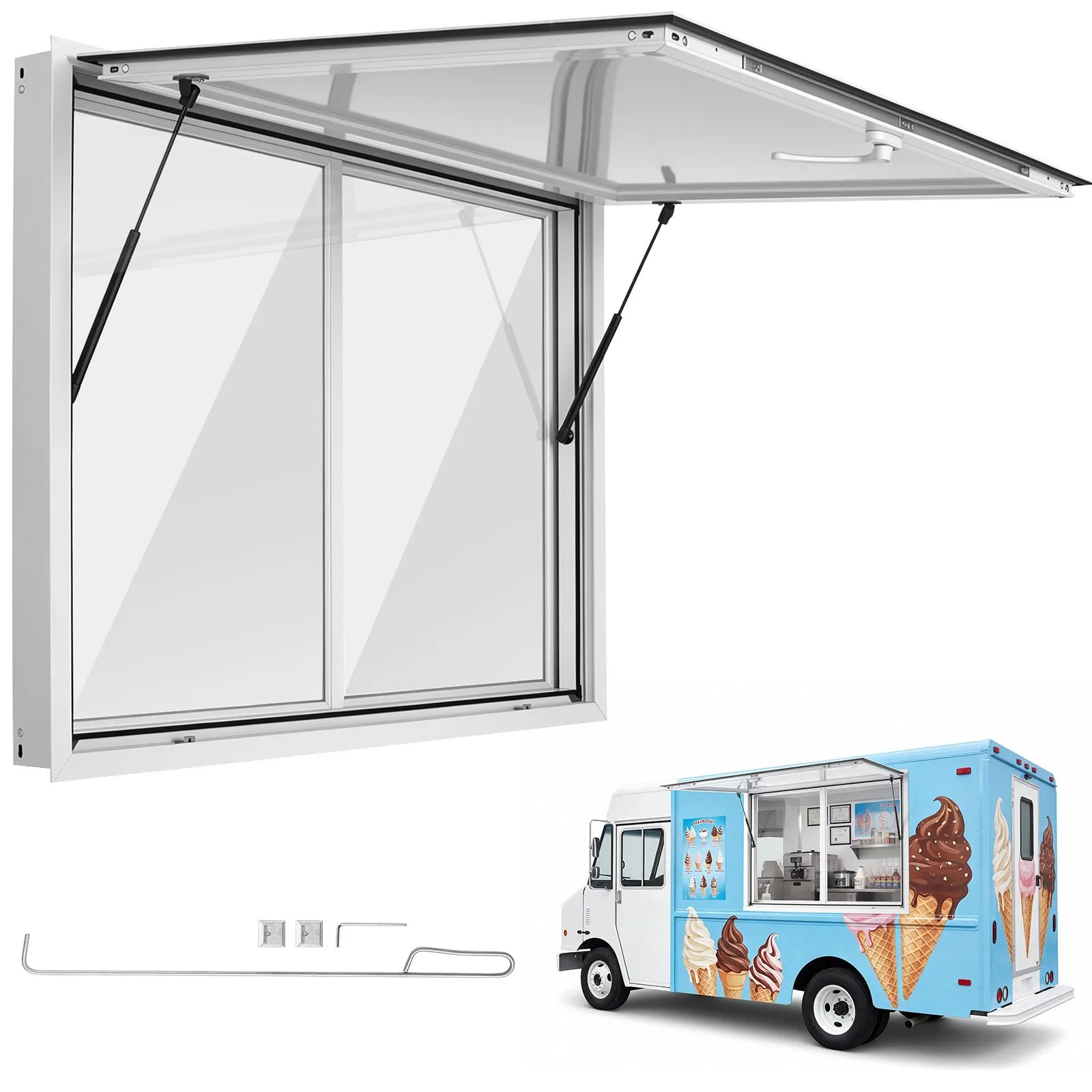 VEVOR Concession Window 48x36 in Aluminum Alloy Service Window, for Food Truck, Up to 85 Degrees Stand Serving with 2 Sliding Acrylic Windows, Awning Door and Drag Hook, Rainwater Resistant