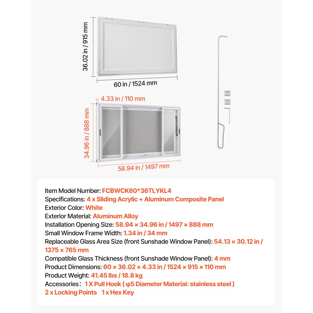 VEVOR Concession Window 1524x915mm Aluminum Alloy Service Window, for Food Truck, Up to 85 Degrees Stand Serving w/ 4 Sliding Acrylic Windows, Awning Door and Drag Hook, Rainwater Resistant
