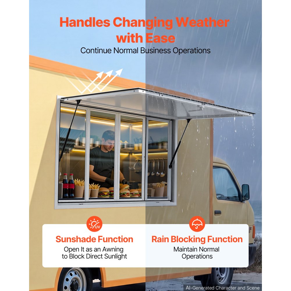 VEVOR Concession Window 1524x915mm Aluminum Alloy Service Window, for Food Truck, Up to 85 Degrees Stand Serving w/ 4 Sliding Acrylic Windows, Awning Door and Drag Hook, Rainwater Resistant