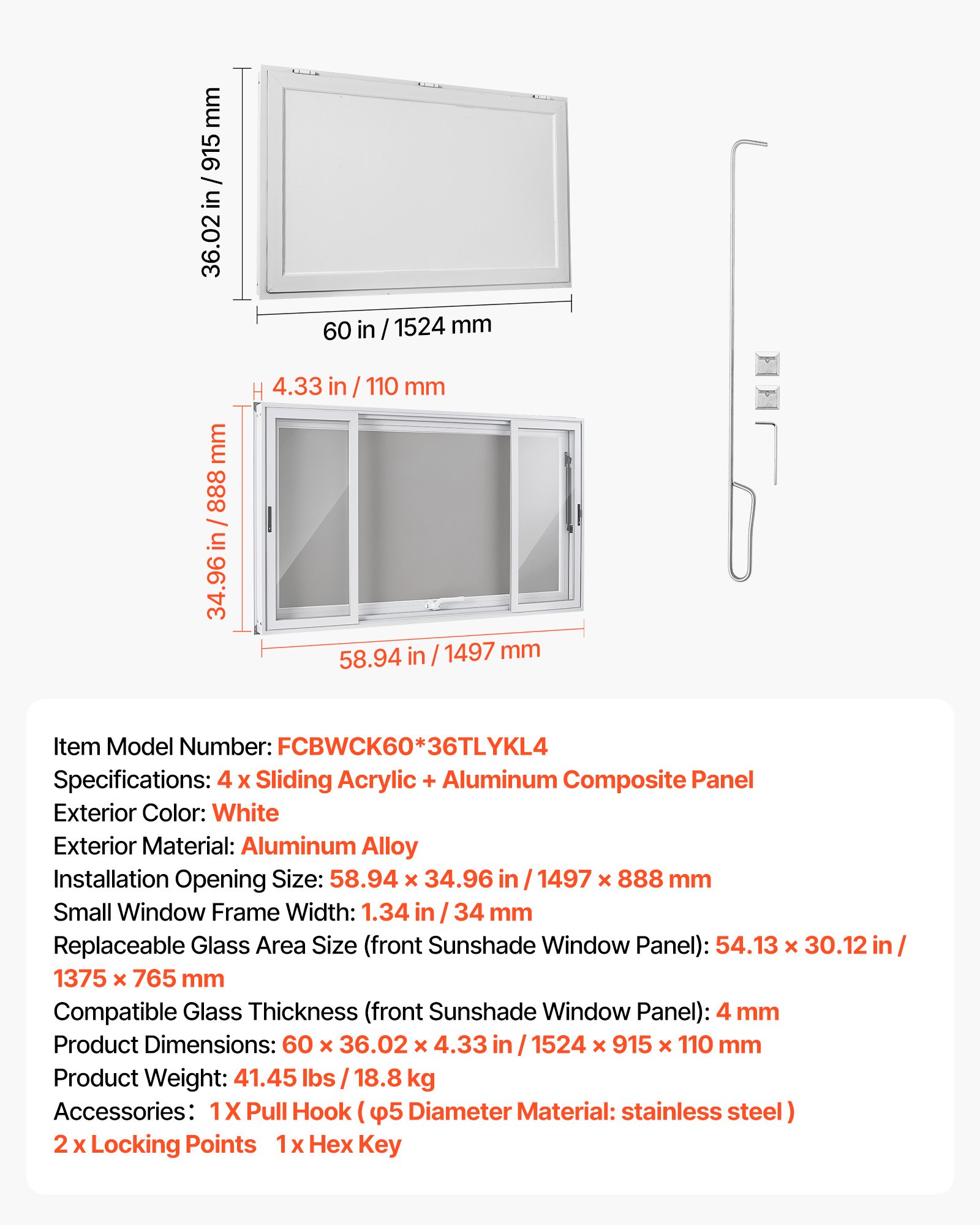 VEVOR Concession Window 1524x915mm Aluminum Alloy Service Window, for Food Truck, Up to 85 Degrees Stand Serving w/ 4 Sliding Acrylic Windows, Awning Door and Drag Hook, Rainwater Resistant