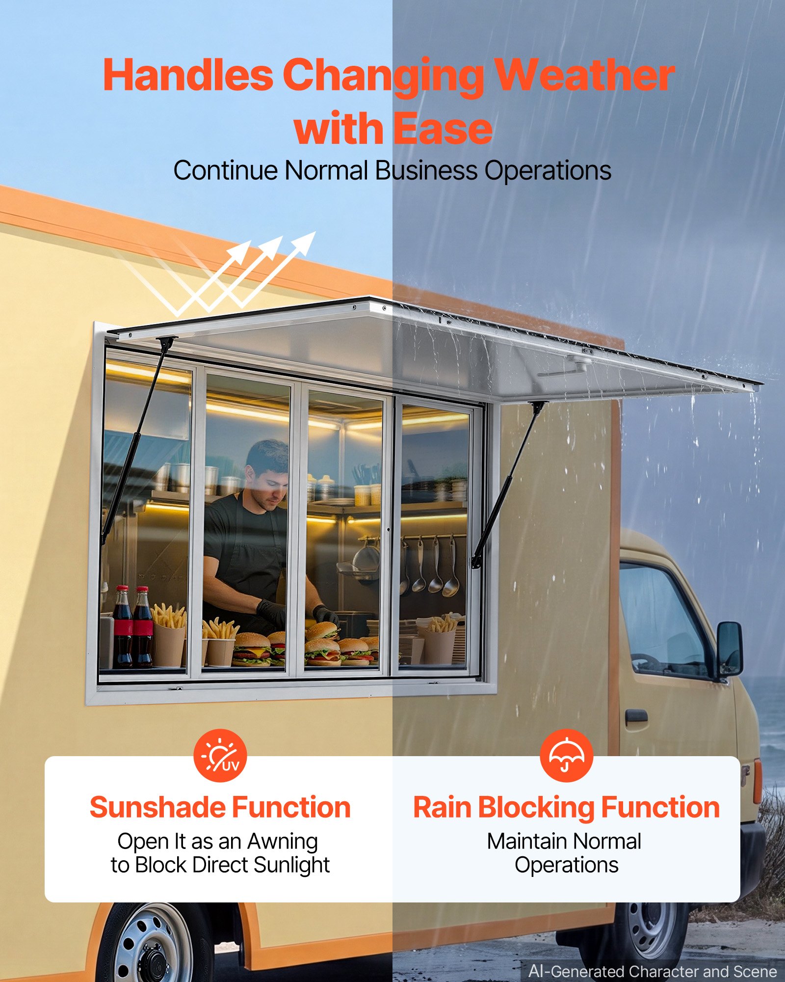 VEVOR Concession Window 1524x915mm Aluminum Alloy Service Window, for Food Truck, Up to 85 Degrees Stand Serving w/ 4 Sliding Acrylic Windows, Awning Door and Drag Hook, Rainwater Resistant