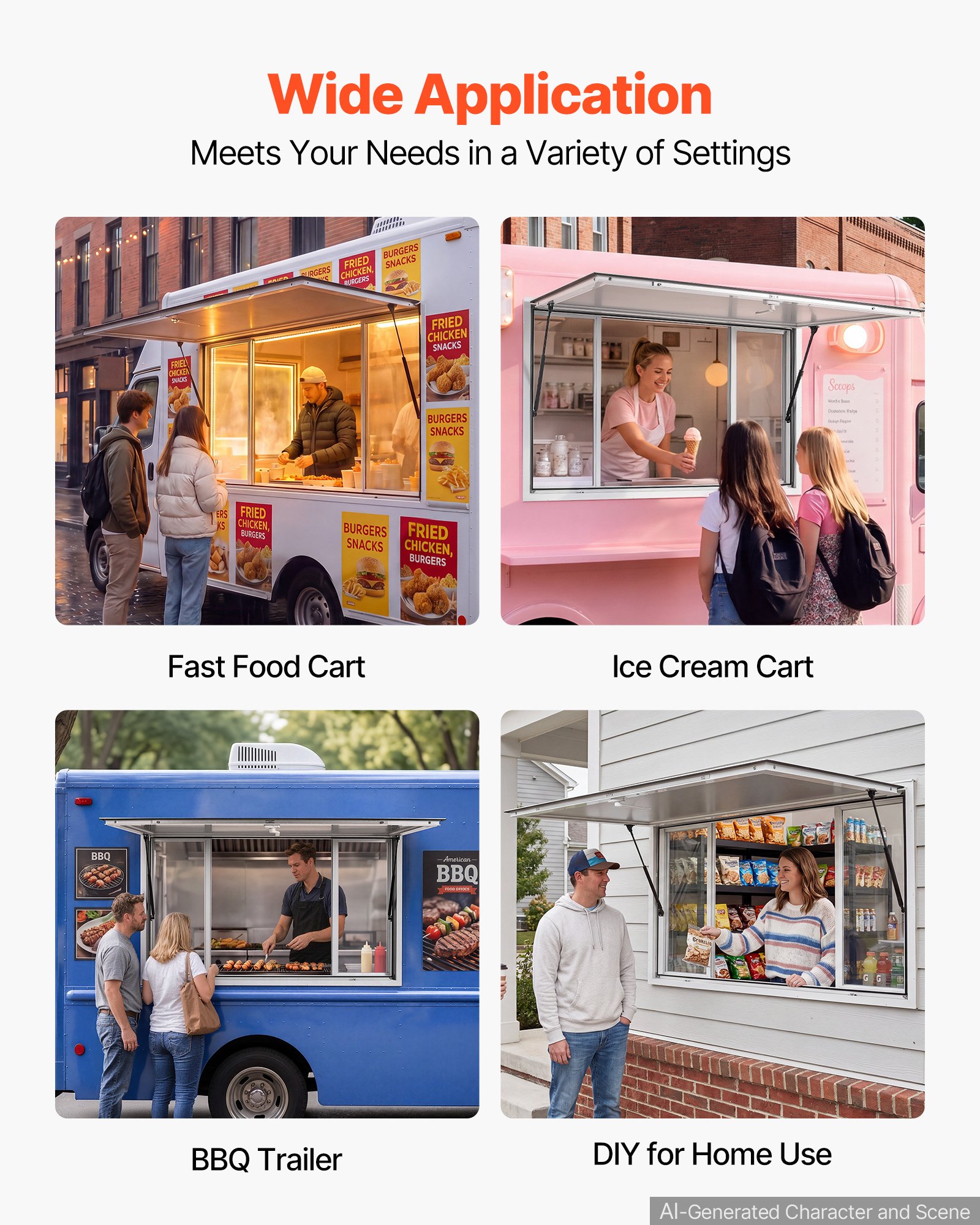 VEVOR Concession Window 1524x915mm Aluminum Alloy Service Window, for Food Truck, Up to 85 Degrees Stand Serving w/ 4 Sliding Acrylic Windows, Awning Door and Drag Hook, Rainwater Resistant