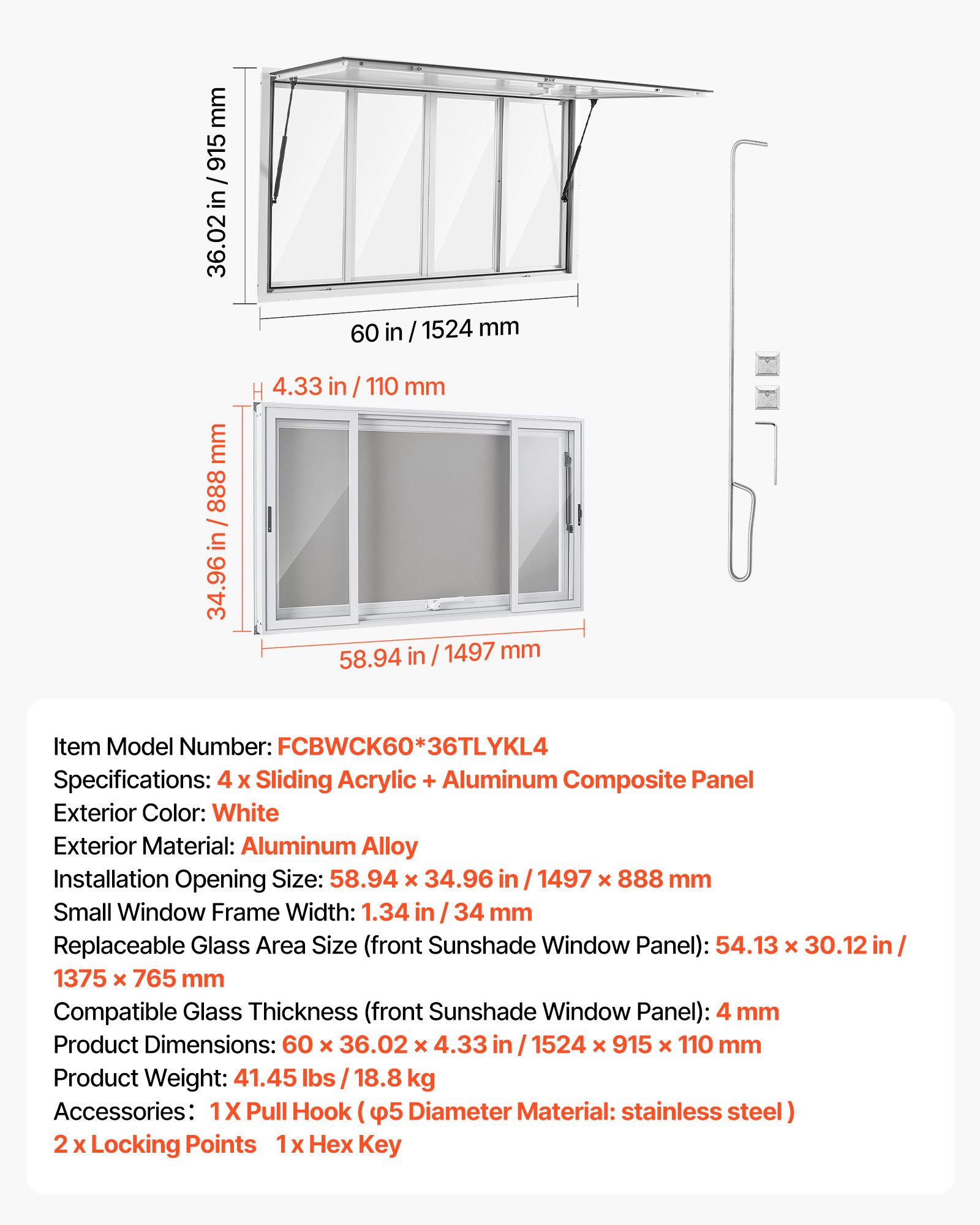 VEVOR Concession Window 1524x915mm Aluminum Alloy Service Window, for Food Truck, Up to 85 Degrees Stand Serving w/ 4 Sliding Acrylic Windows, Awning Door and Drag Hook, Rainwater Resistant