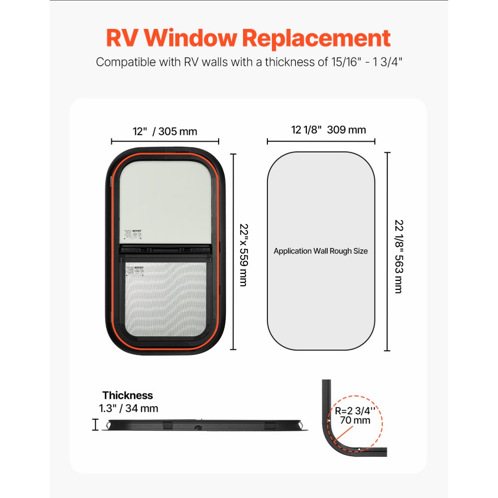 VEVOR Vertical RV Window, 12" W x 22" H Tinted Sliding RV Window with Net Screen & Trim Ring, Fit 15/16" - 1 3/4" Thickness Wall, RV Window Replacement for Teardrop Cargo Trailer Camper, DOT Approved